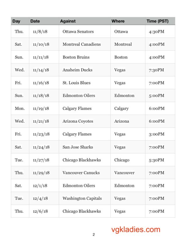 Vegas Golden Knights Home Schedule Printable