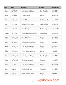 Vegas Golden Knights 2018/2019 Schedule