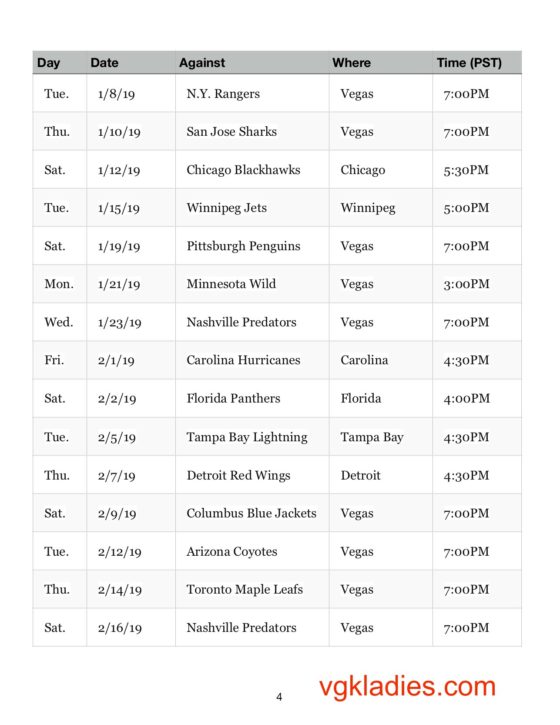 Vegas Golden Knights 2018/2019 Schedule