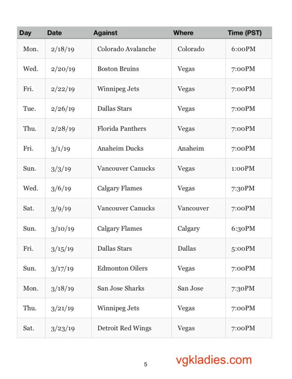 Vegas Golden Knights 2018/2019 Schedule
