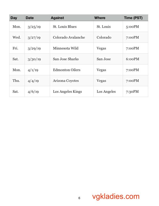 Vegas Golden Knights 2018/2019 Schedule