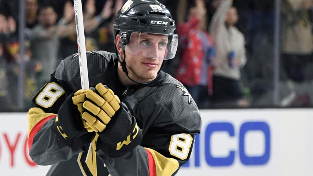 Nate Schmidt, a defenseman for the Vegas Golden Knights, skates on T-Mobile Arena ice during a home game