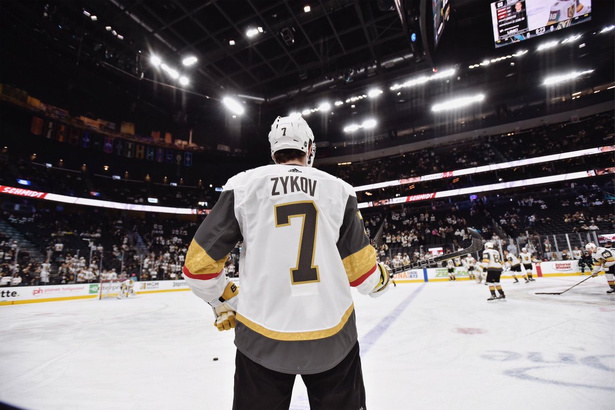 Golden Knights winger Valentin Zykov stands ready to warm up during an away game