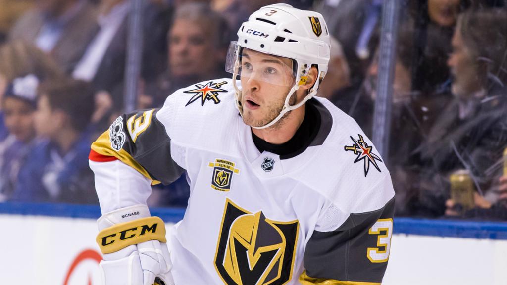 Vegas Golden Knights defenseman Brayden McNabb (#3) appears focused during an away game for the Golden Knights