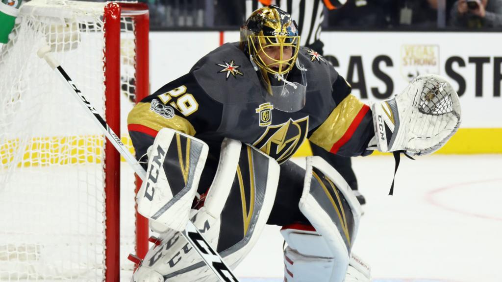 Marc-Andre Fleury, #29 for the Golden Knights and their lead goalie, stands in net during a Vegas Golden Knights home game