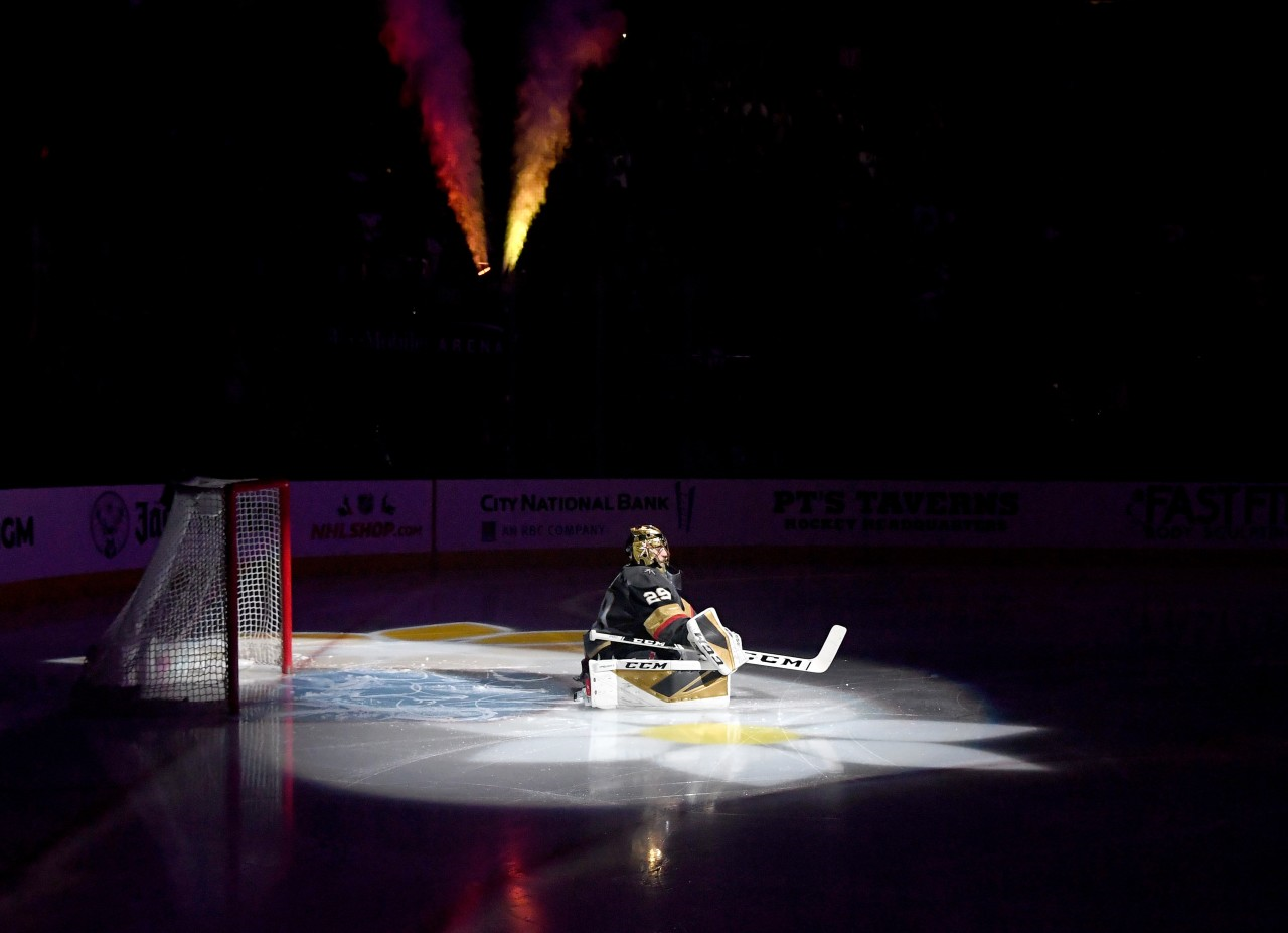 Vegas Golden Knights starting goaltender Marc-Andre Fleury prepares himself in net on home ice against the Chicago Blackhawks